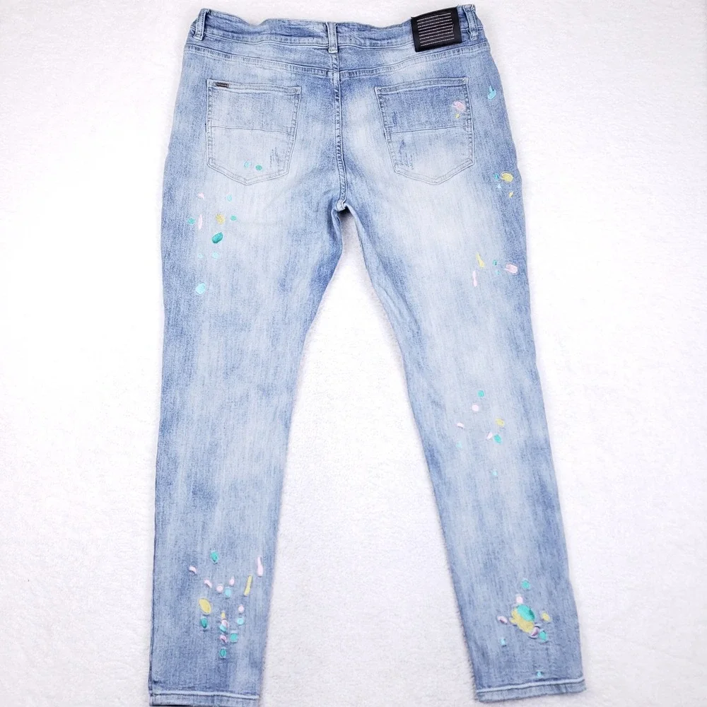 Serenade Mens Light Wash Paint Splatter Embroidered Slim Fit Jeans Blue 42